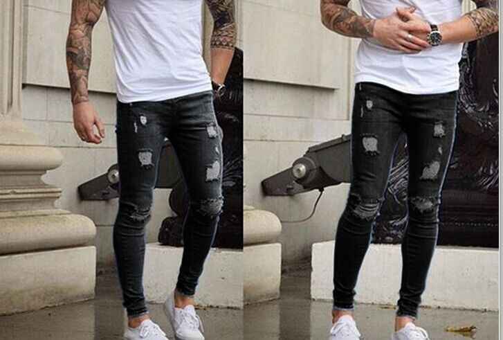 Men’s Slim Fit Frayed Hem Jeans – Distressed Stretch Denim Pants for Casual & Street Style.