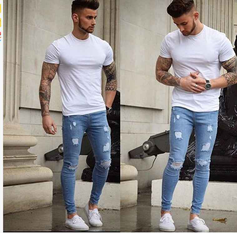 Men’s Slim Fit Frayed Hem Jeans – Distressed Stretch Denim Pants for Casual & Street Style.