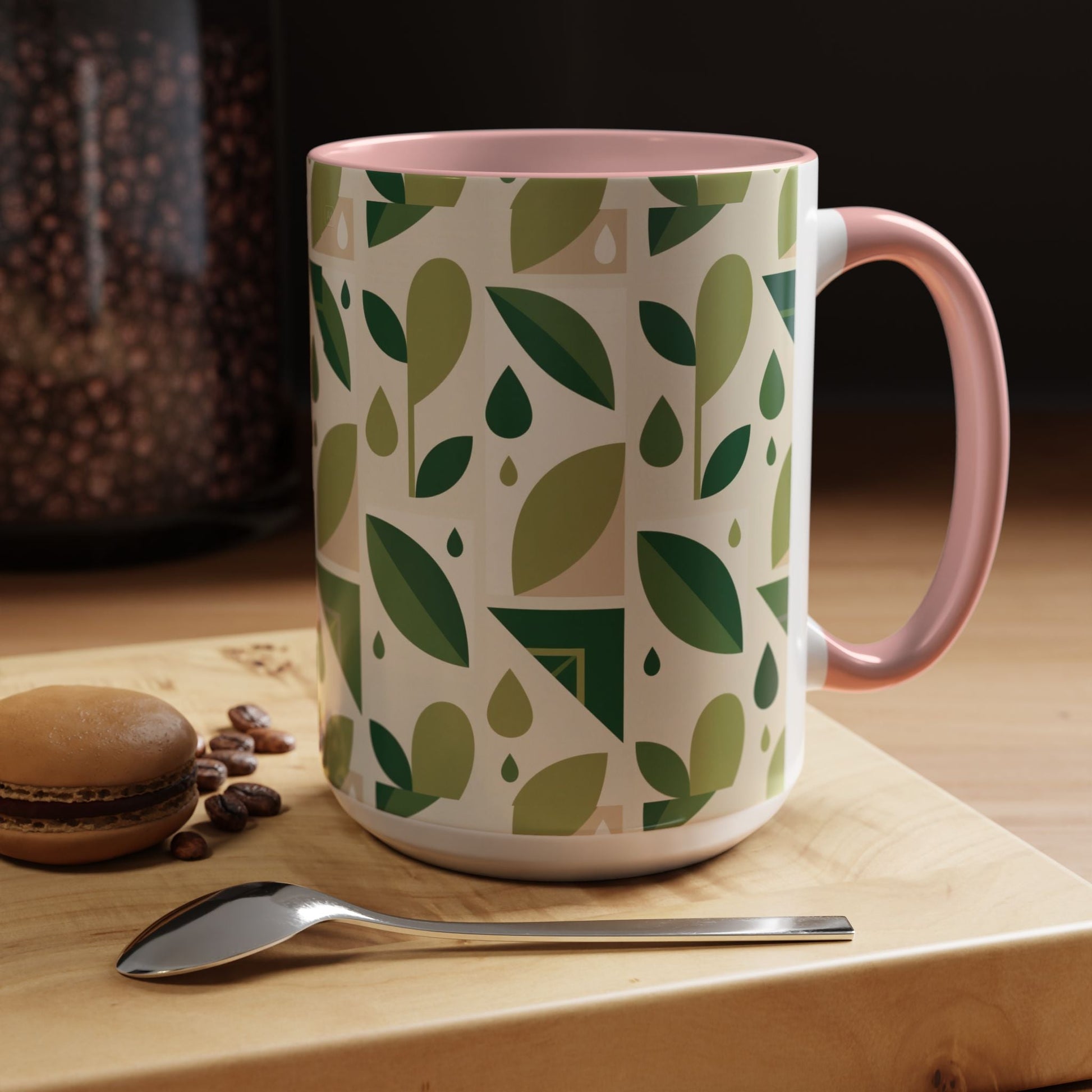 Mug - Abstract Green Leaf and Water Drop Pattern, Minimal Geometric Design Printify