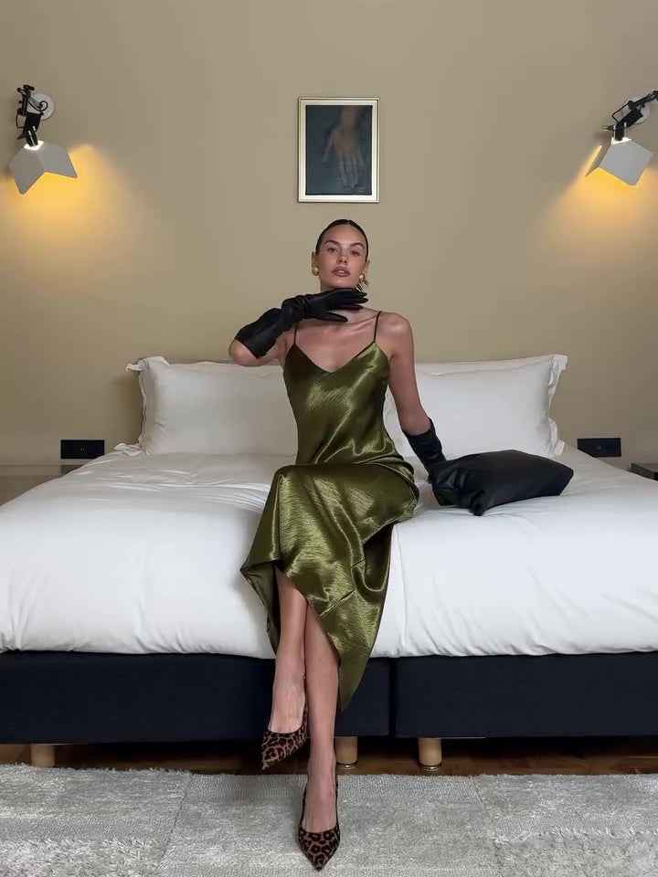 Women’s Olive Green Satin Slip Dress – Elegant Spaghetti Strap Cocktail Dress.