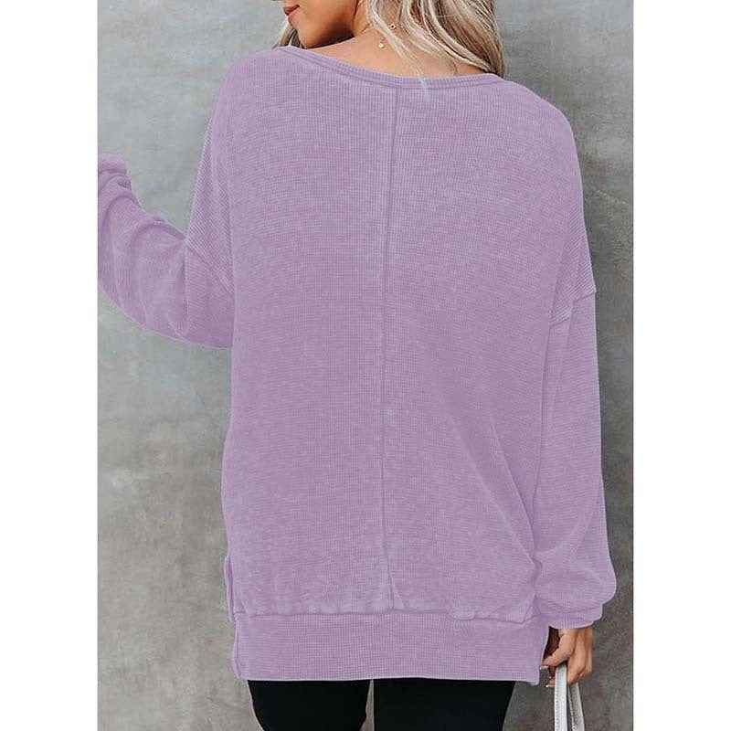 Womens Waffle Knit Crewneck Sweatshirts Long Sleeve Side Slits Casual Pullover Sweatshirt Tops.