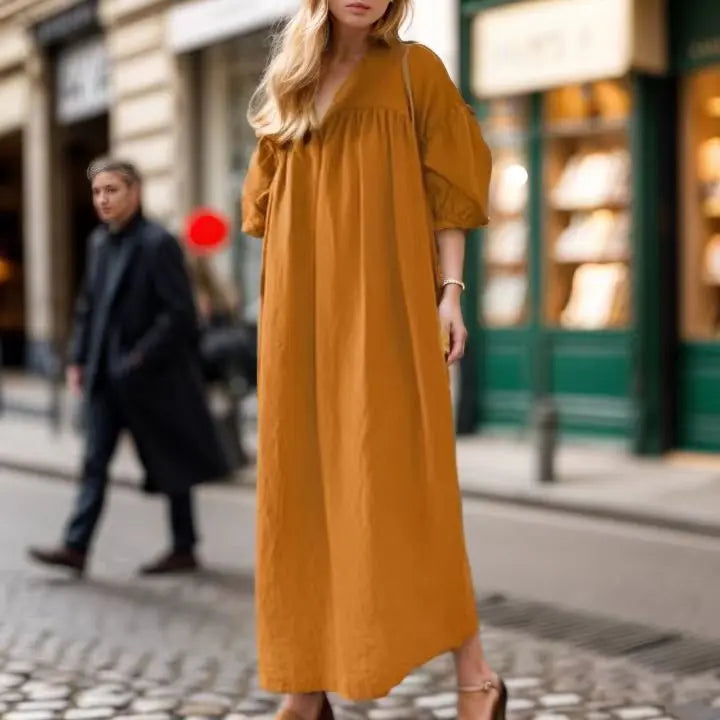 Solid Color Loose V-neck Puff Sleeve Casual Cotton And Linen Dress.