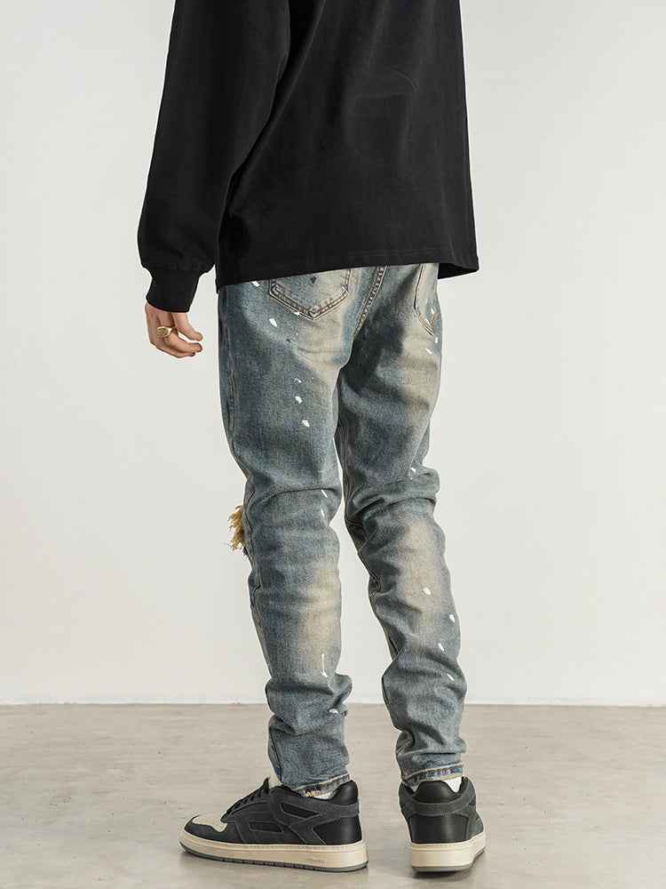 Slim-Fit Jeans With Splashed Ink & Ripped Patches – Men’s Streetwear Denim.