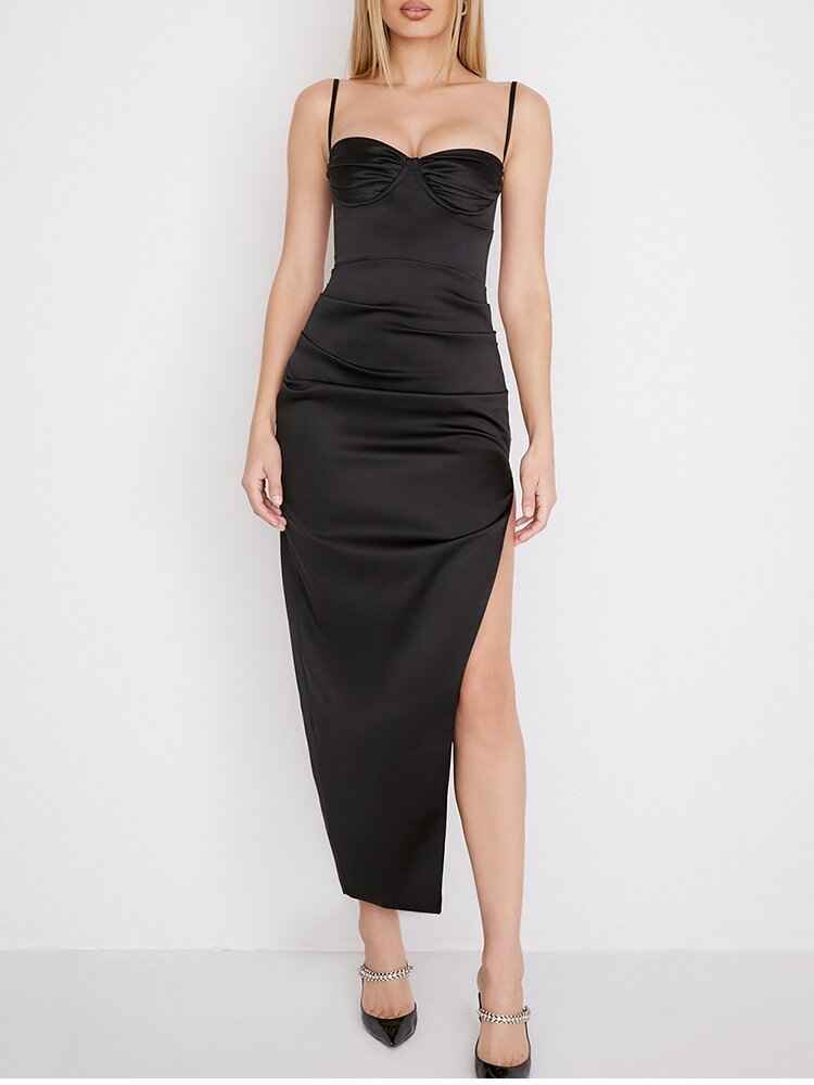 Women’s Satin High Slit Pleated Slip Dress – Elegant Evening, Cocktail & Wedding Guest Outfit.
