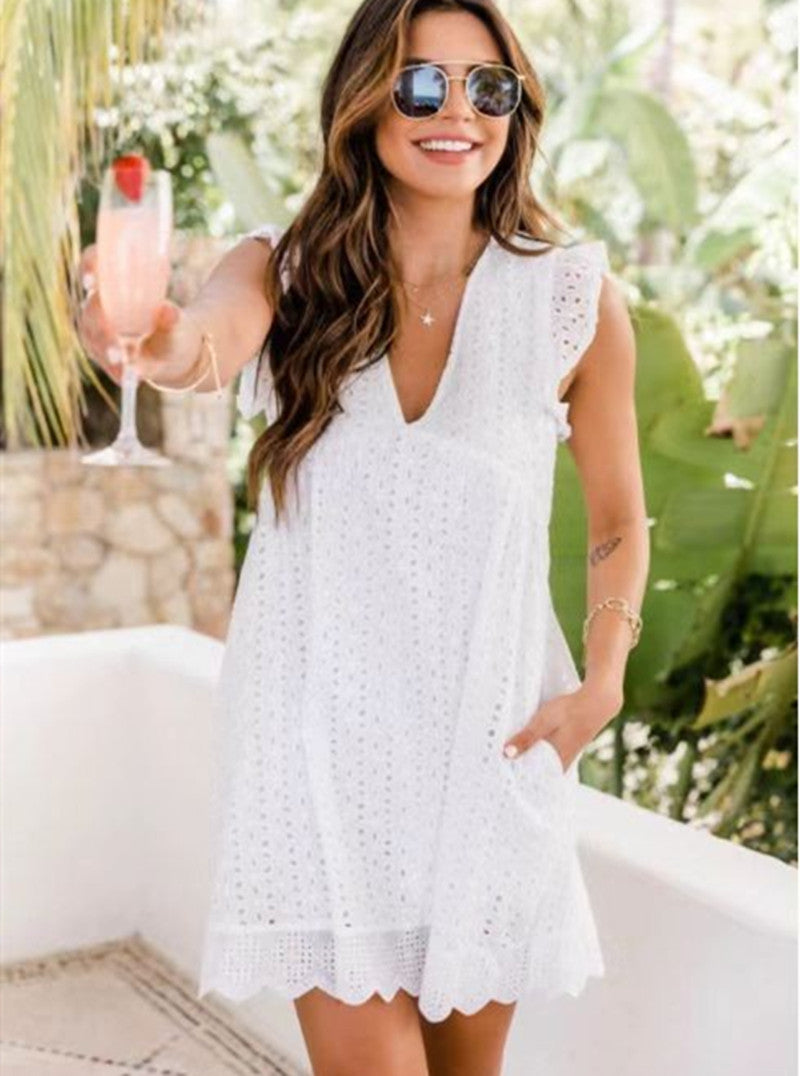 ☀️ Women’s Lace Sleeveless Summer Dress with Pocket – V-Neck Beach Dress.