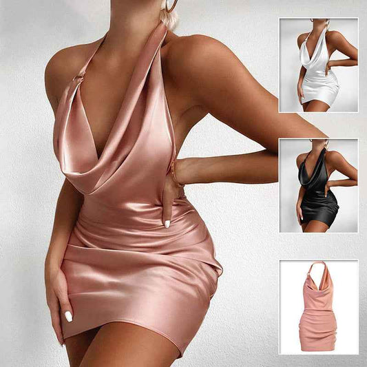 ✨ Satin V-Neck Backless Mini Dress – Summer Party & Evening Outfit.