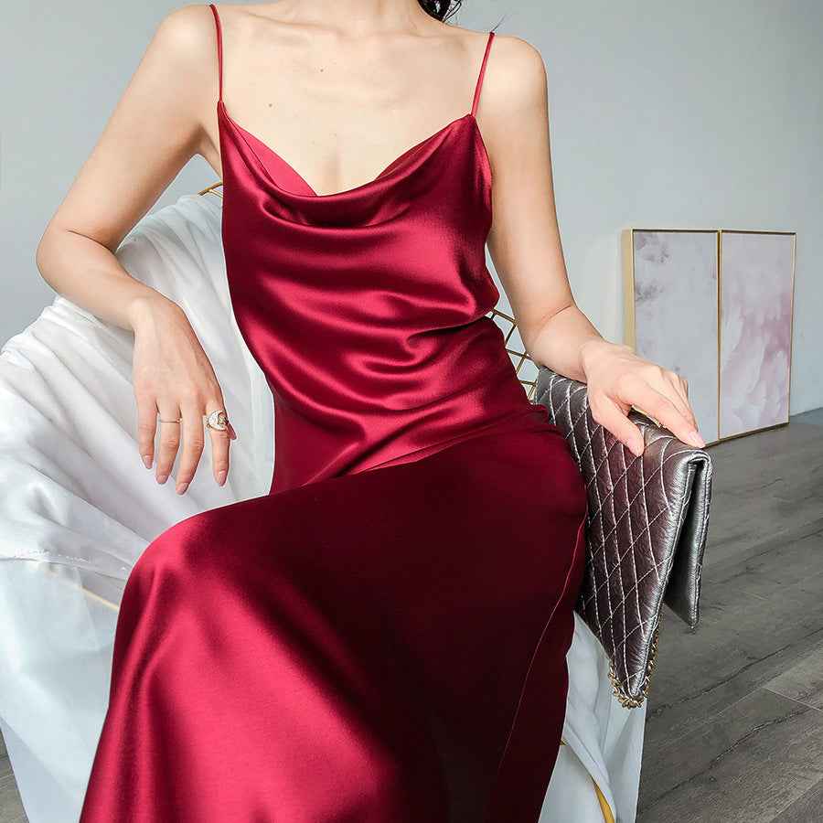 Sleek Acetate Satin Swing Neck Slip Dress – Elegant Silky Evening & Cocktail Dress for Women.