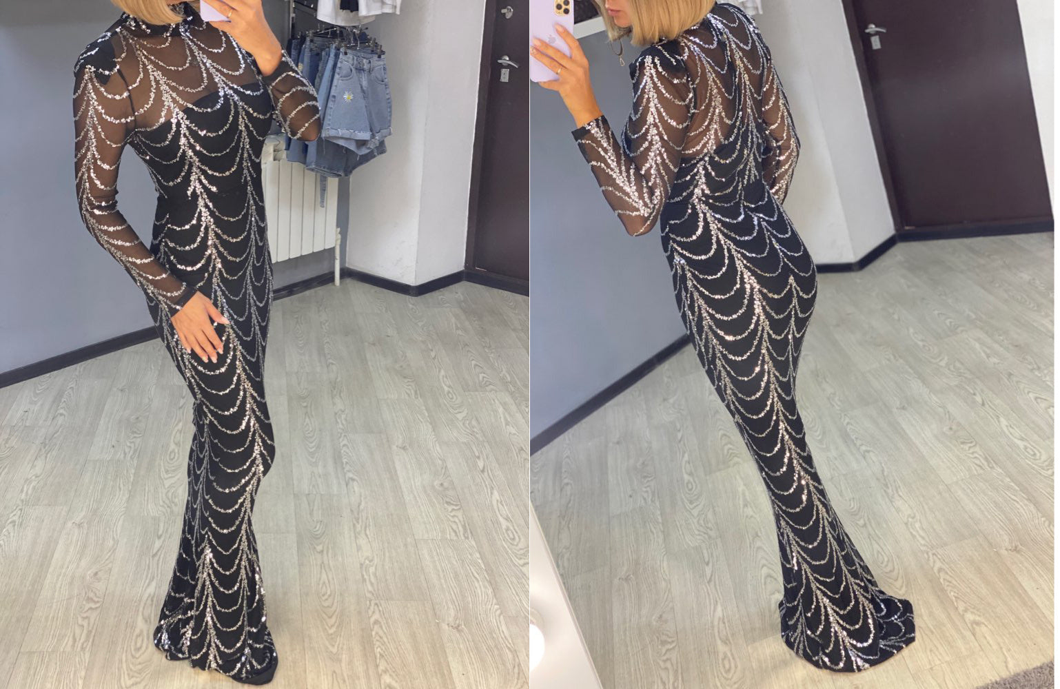 Sequins Women’s Long Sleeve Maxi Dress – Elegant Sparkly Evening & Party Gown.