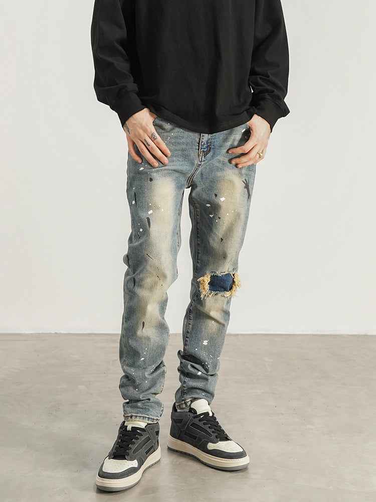 Slim-Fit Jeans With Splashed Ink & Ripped Patches – Men’s Streetwear Denim.