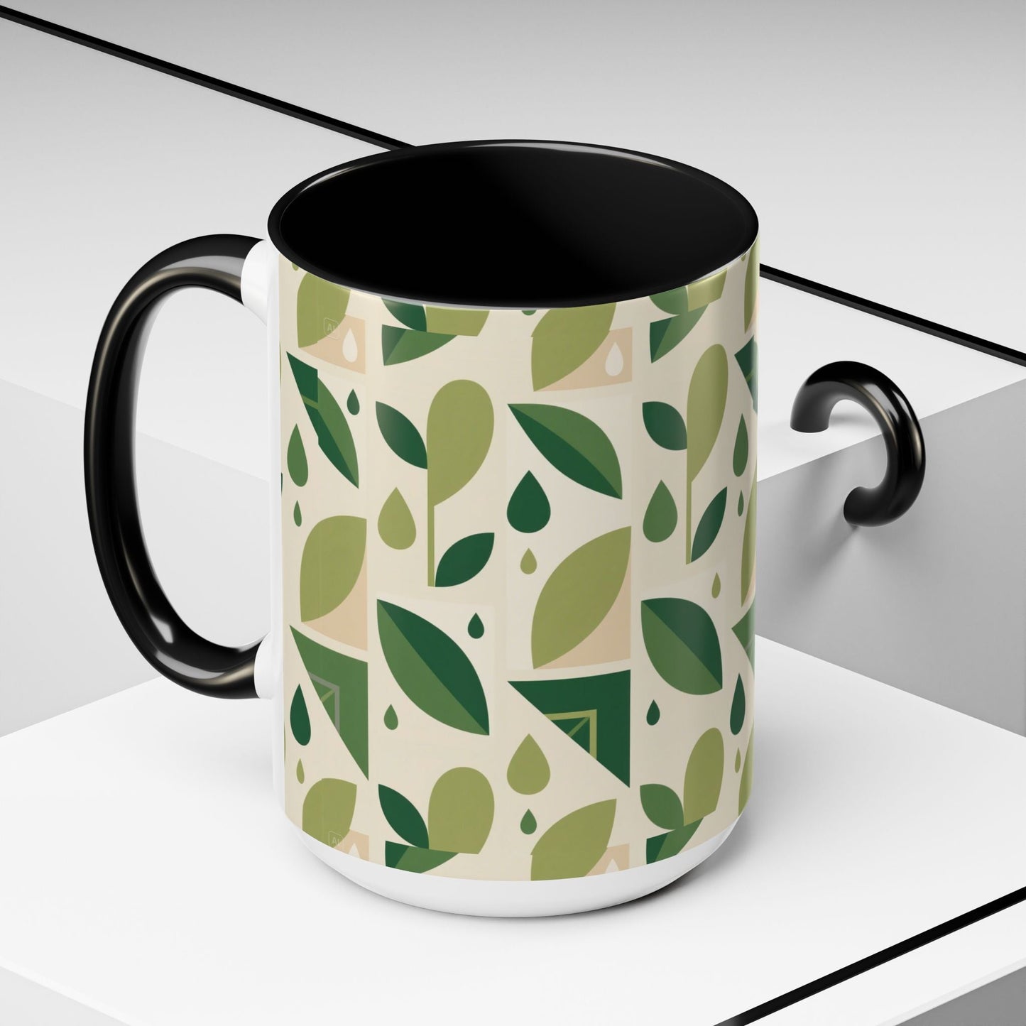 Mug - Abstract Green Leaf and Water Drop Pattern, Minimal Geometric Design Printify