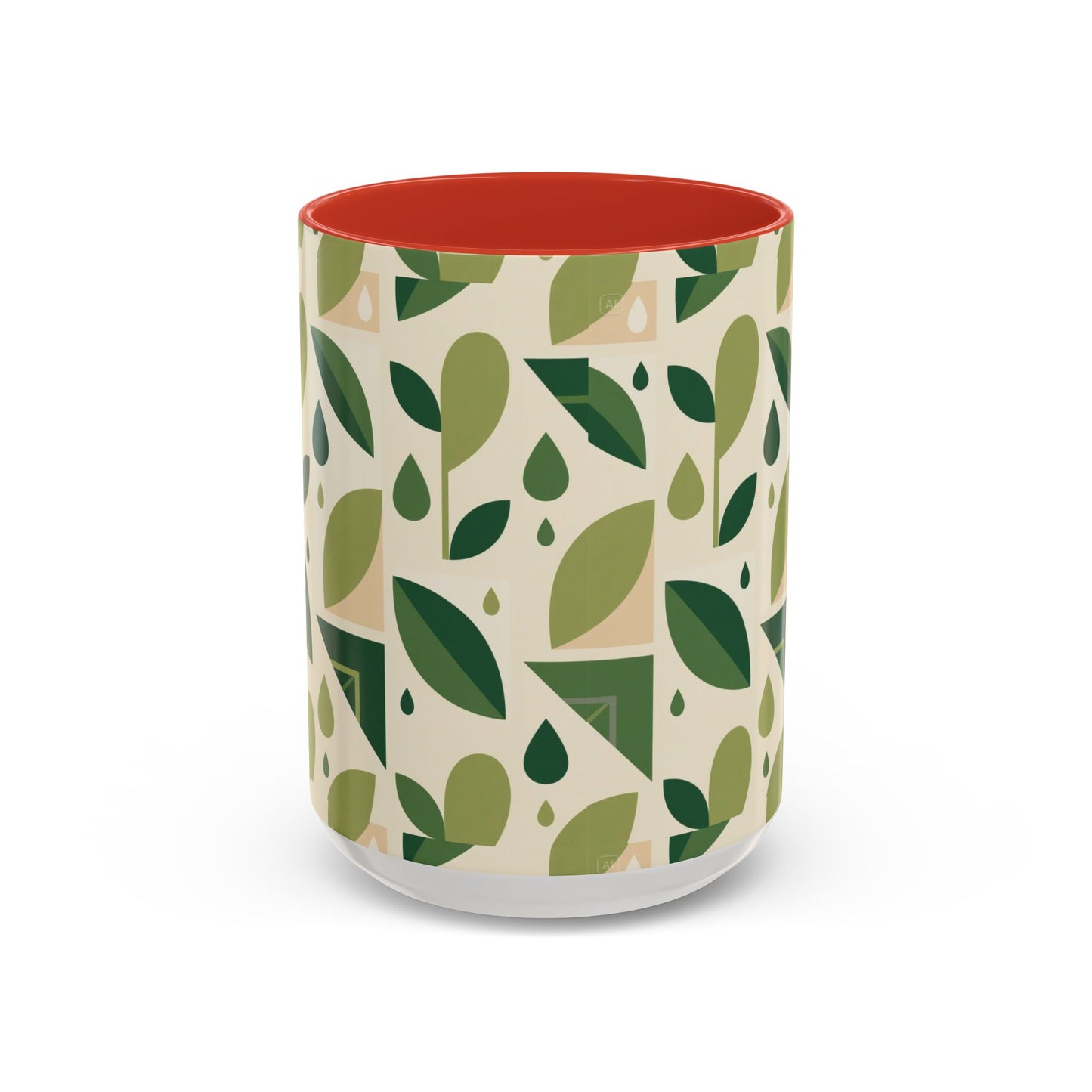Mug - Abstract Green Leaf and Water Drop Pattern, Minimal Geometric Design.