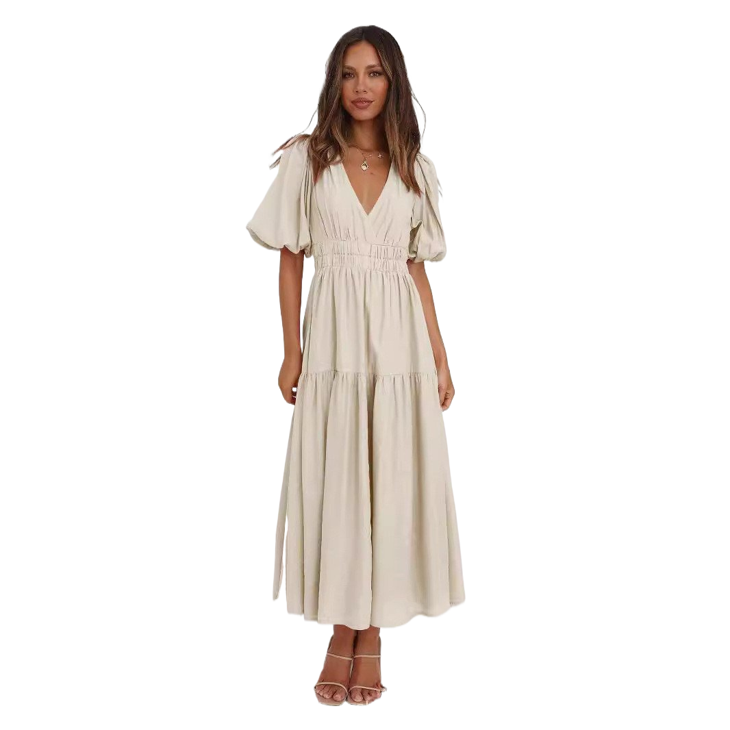 Chic Deep V Puffed Sleeve Vacation Dress – Elegant Flowy Summer Maxi for Beach & Resort Wear.