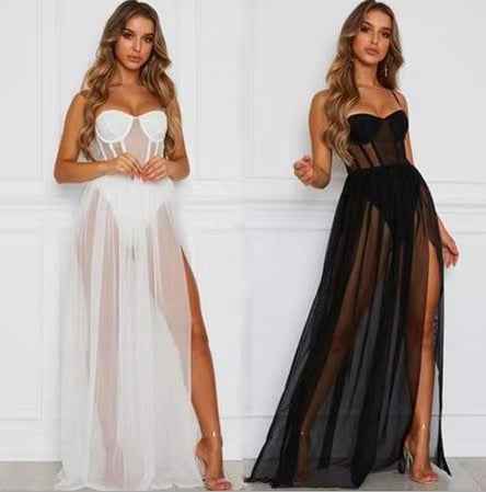 Elegant Solid Color Mesh Long Dress – Women’s Sheer Overlay Maxi Gown for Party & Evening Wear.