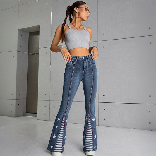 Vintage Star Pattern Jeans – Women’s High-Waist Wide-Leg Retro Denim cjdropshipping