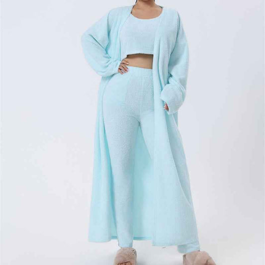 Women’s 3-Piece Cozy Winter Lounge Set – Soft Pajama Pants, Tank Top & Warm Cardigan.