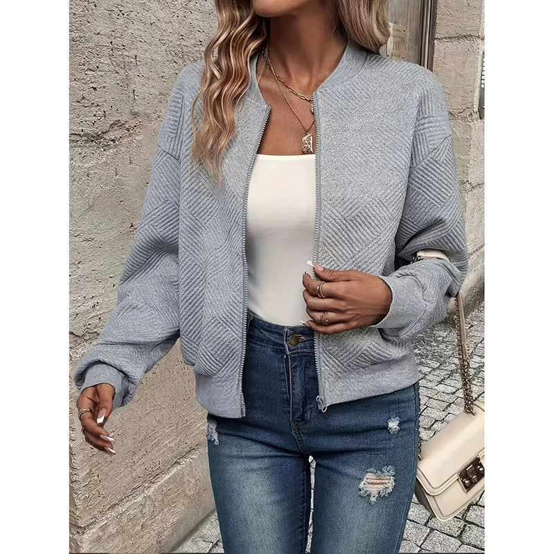 Womens Bomber Jacket Coat Casual Textured Stand Collar Zip Up Fall Fashion Jackets Outfits cjdropshipping