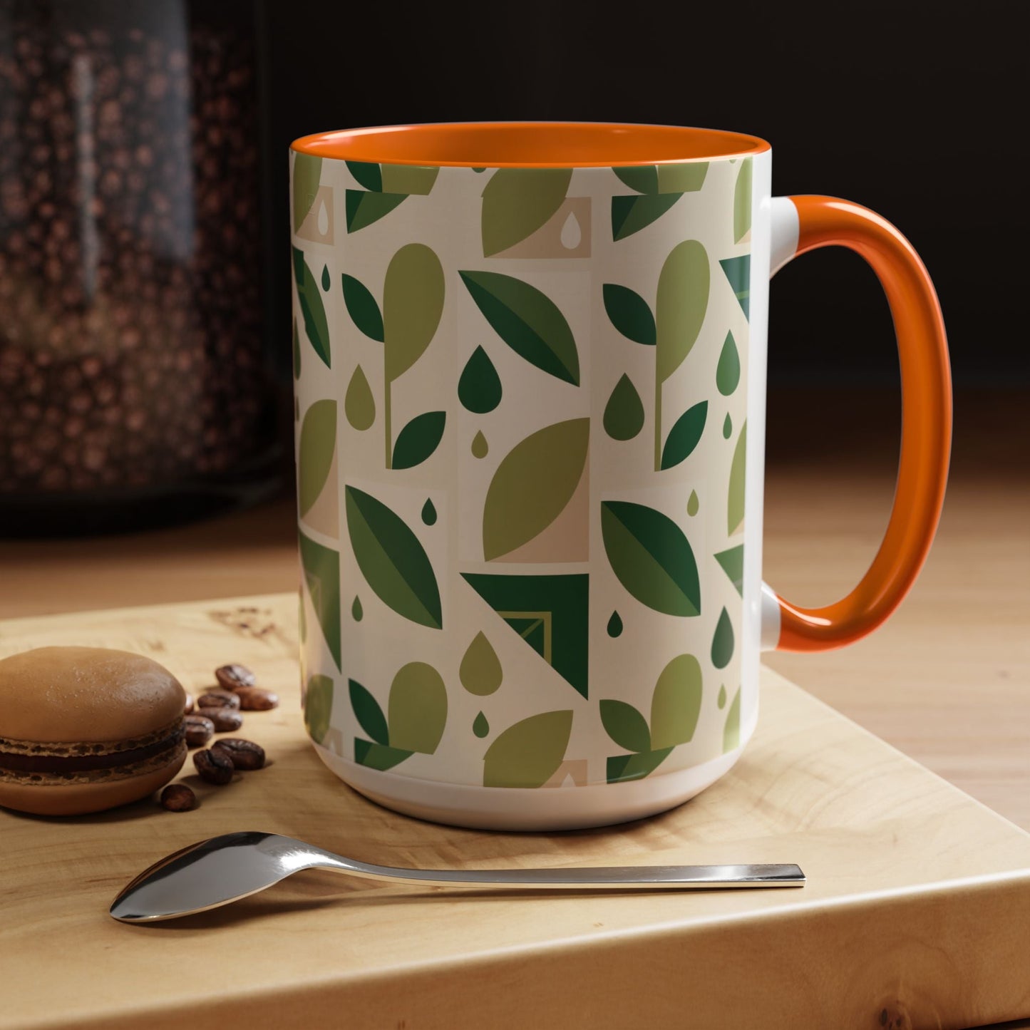 Mug - Abstract Green Leaf and Water Drop Pattern, Minimal Geometric Design Printify