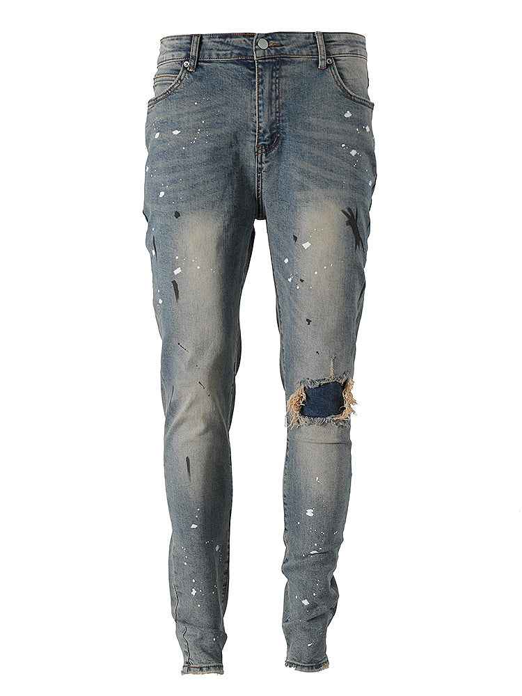 Slim-Fit Jeans With Splashed Ink & Ripped Patches – Men’s Streetwear Denim.