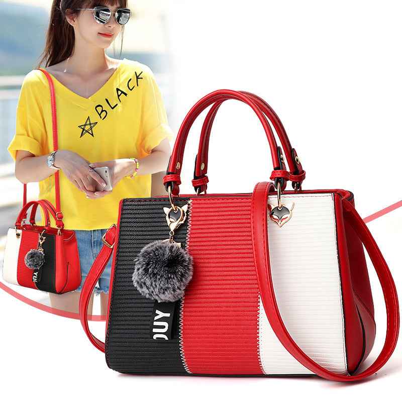 Women’s Patchwork Handbag with Hairball Charm – Party, Crossbody, Shoulder & Messenger Bag.