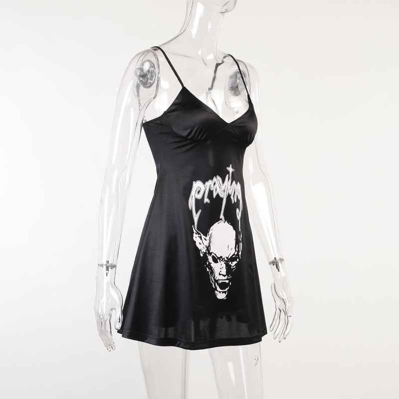 Women’s Satin Dark Skull Print Slip Dress – Gothic Chic, Alternative Party Outfit.