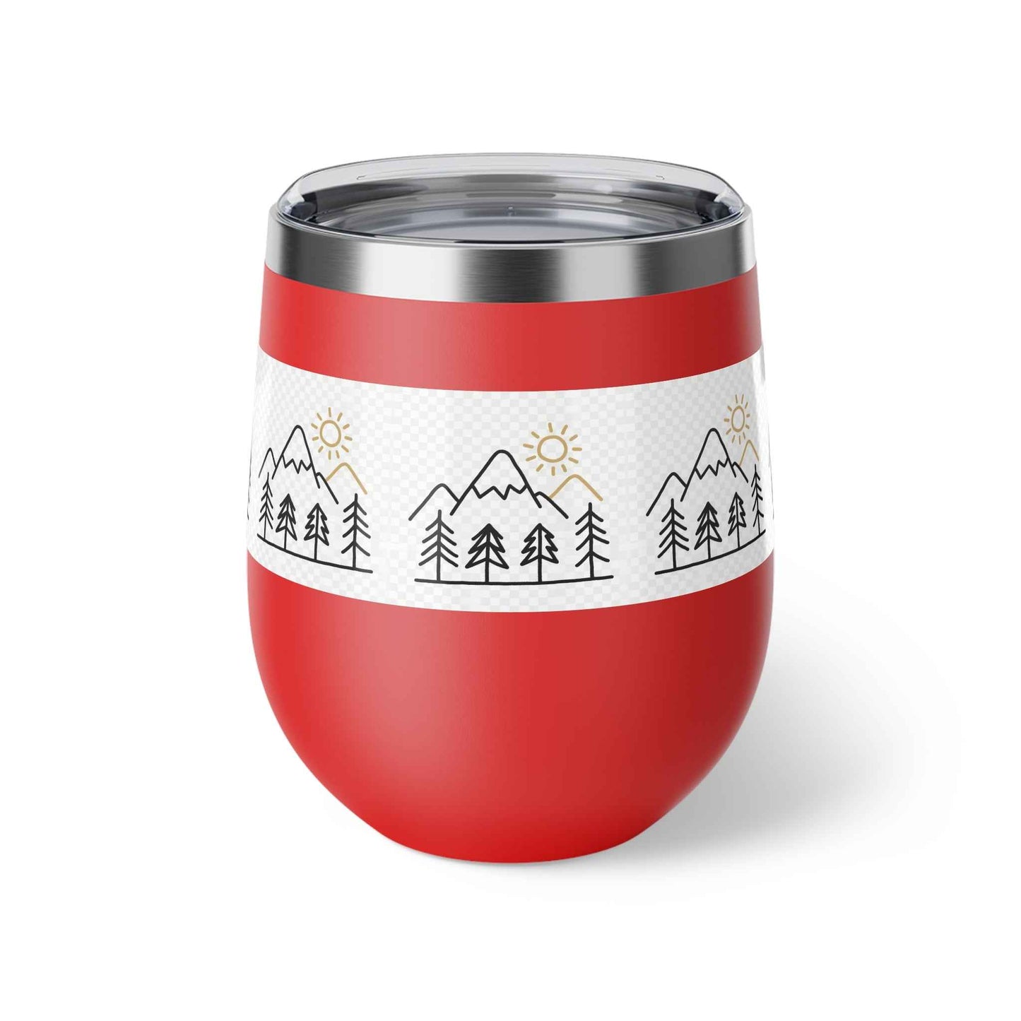 Mug, Simple Line Art Mountains and Pine Trees, 12oz Copper Vacuum Insulated Cup.