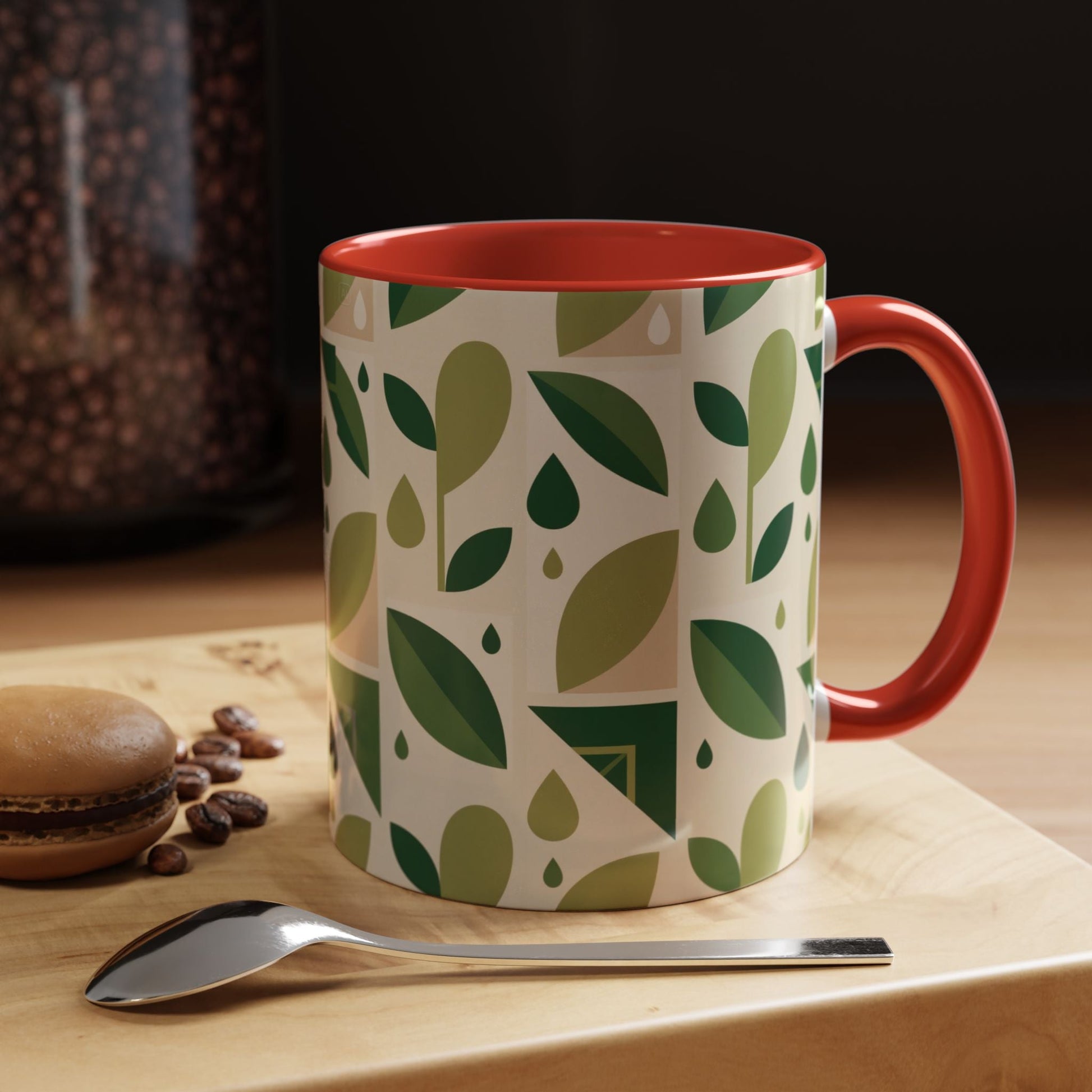 Mug - Abstract Green Leaf and Water Drop Pattern, Minimal Geometric Design Printify