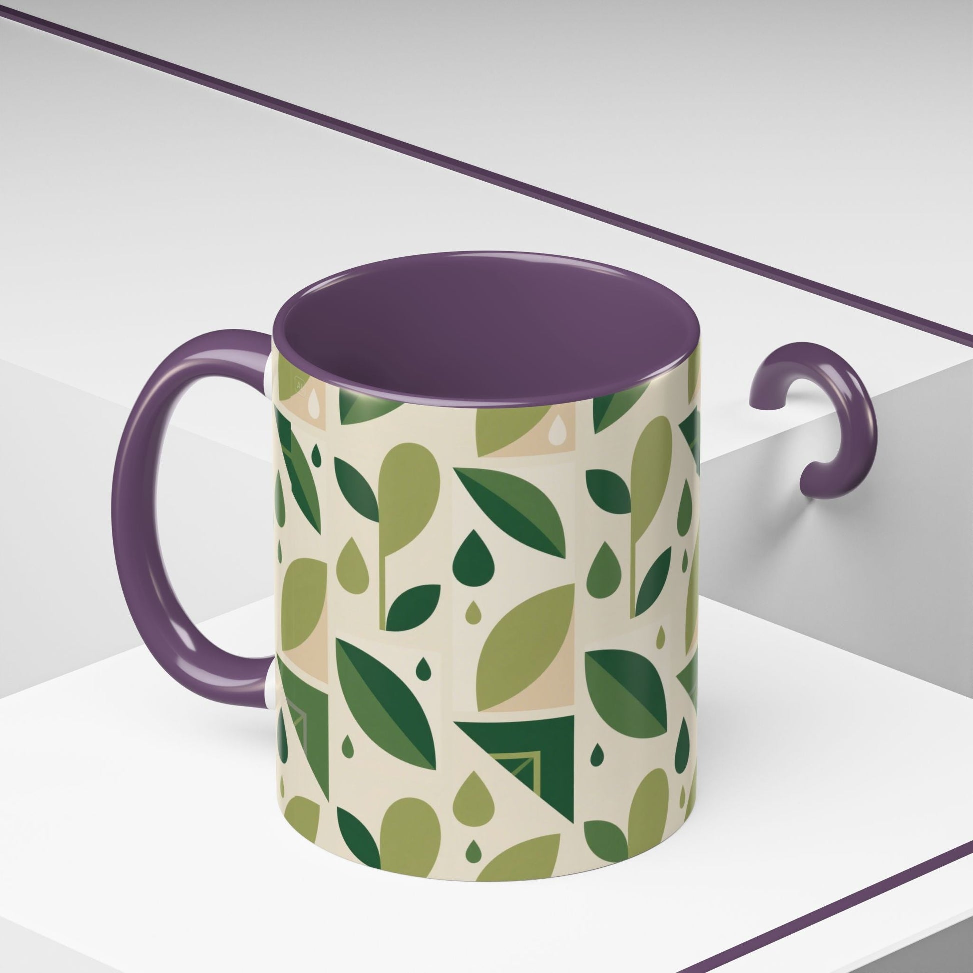 Mug - Abstract Green Leaf and Water Drop Pattern, Minimal Geometric Design Printify