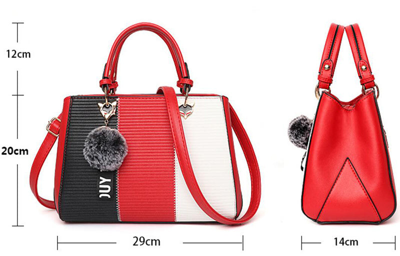 Women’s Patchwork Handbag with Hairball Charm – Party, Crossbody, Shoulder & Messenger Bag.