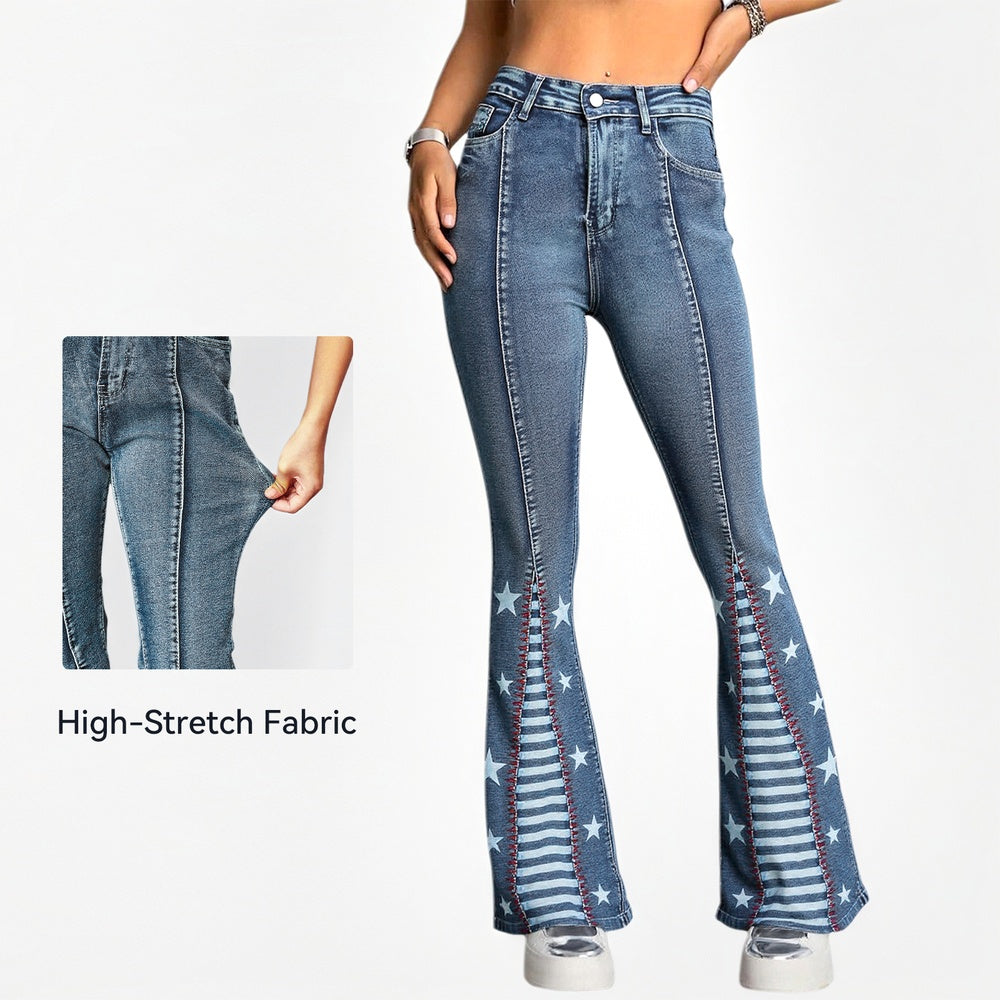 Vintage Star Pattern Jeans – Women’s High-Waist Wide-Leg Retro Denim cjdropshipping