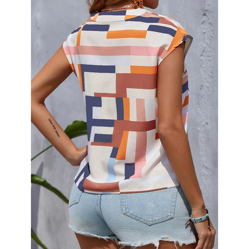 Women's Summer Geometric Pattern Cap Sleeve V-Neck Top – Casual & Dressy Short Sleeve Blouse.
