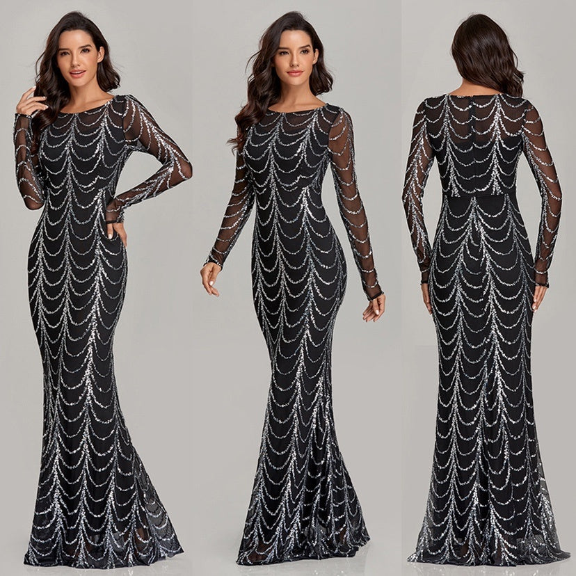 Sequins Women’s Long Sleeve Maxi Dress – Elegant Sparkly Evening & Party Gown.