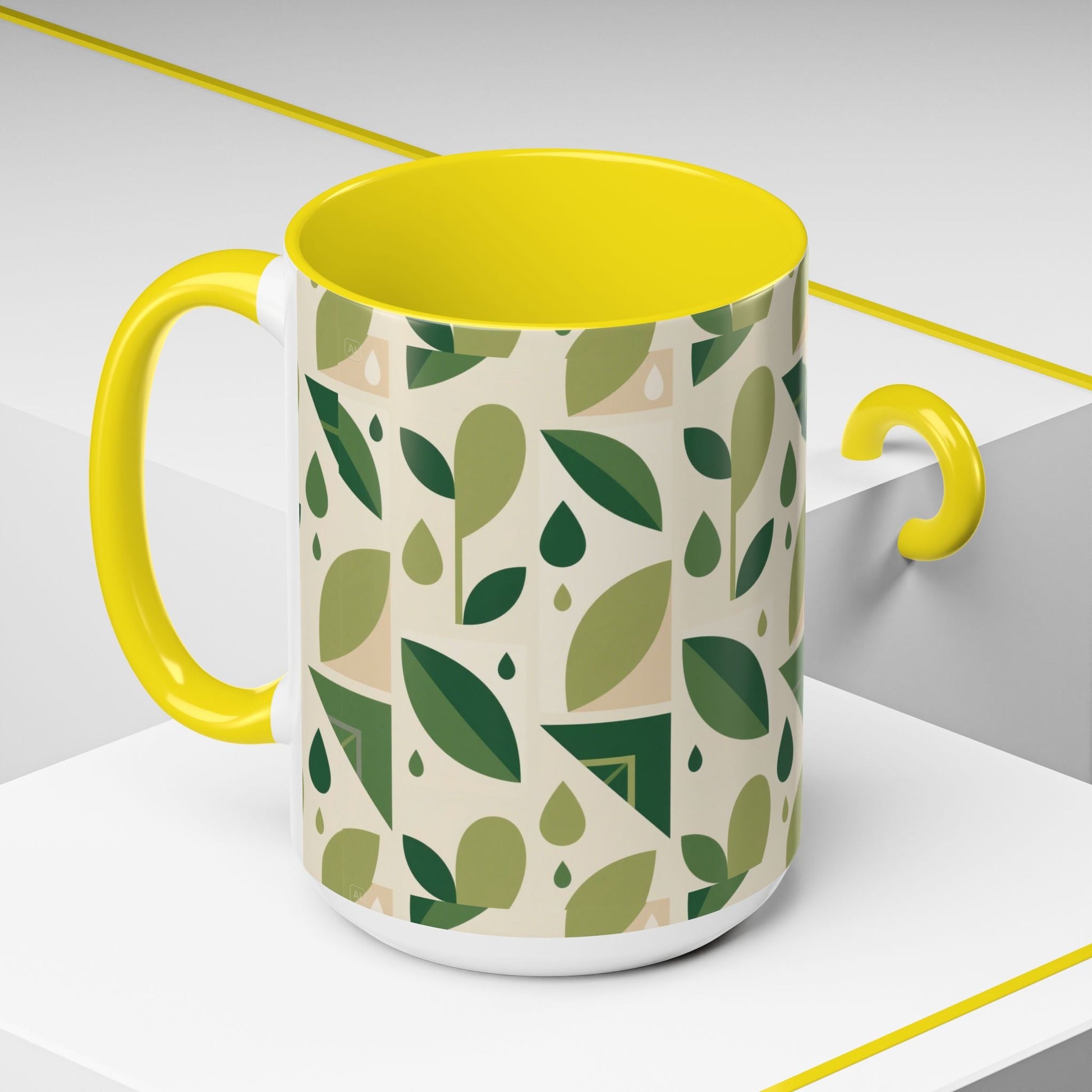 Mug - Abstract Green Leaf and Water Drop Pattern, Minimal Geometric Design Printify