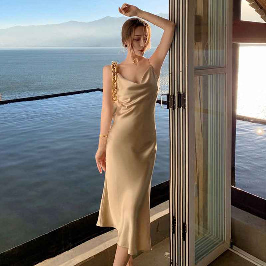 Sleek Acetate Satin Swing Neck Slip Dress – Elegant Silky Evening & Cocktail Dress for Women.