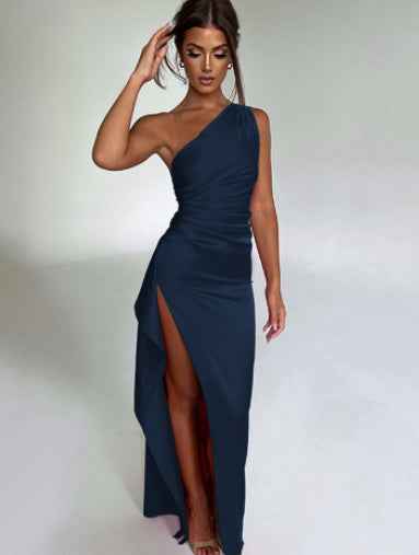 One-Shoulder Backless Slit Satin Dress – Elegant Summer Party Dress.