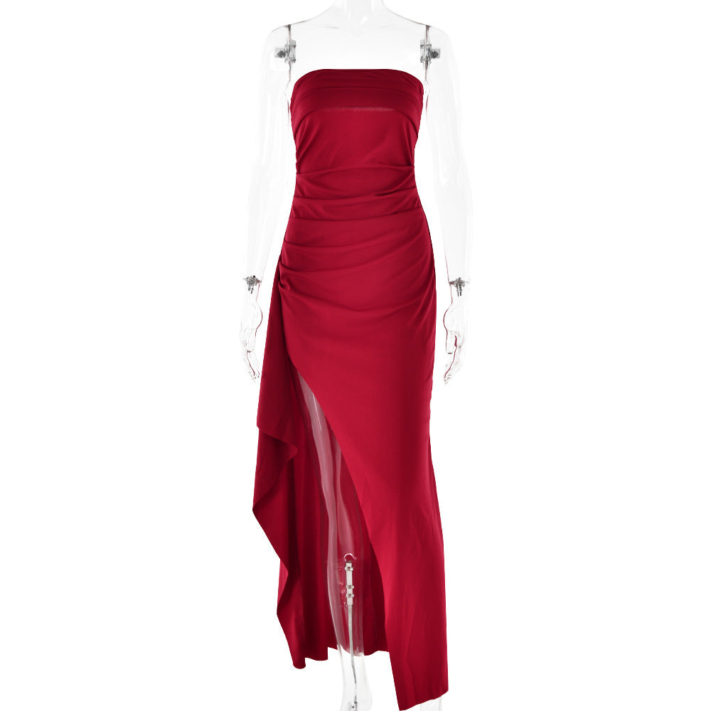 Women’s Strapless Split Long Dress – Summer Pleated Bridesmaid & Party Dress.