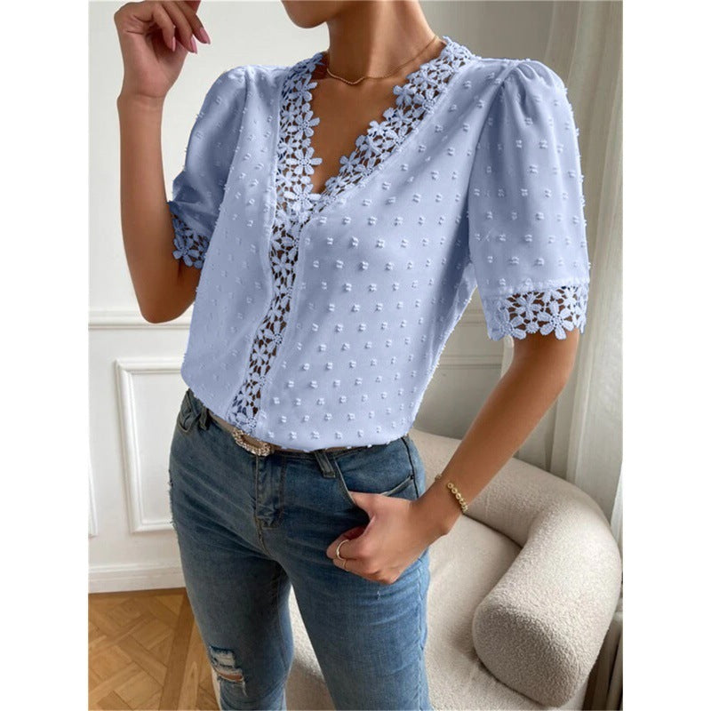 Floral Lace V-Neck Women’s Summer Top – Short Sleeve Fashion Shirt.