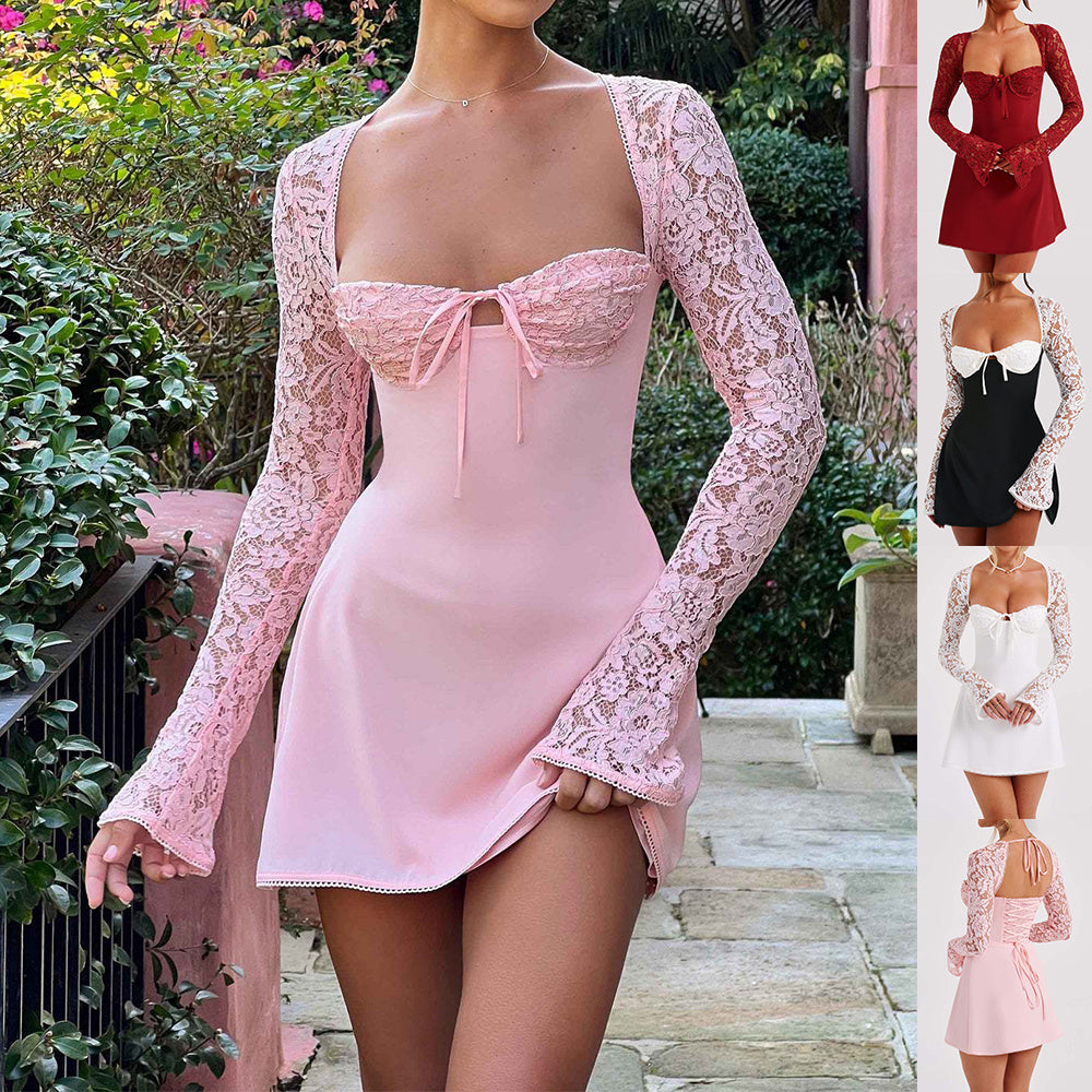 Y2K Lace Long Sleeve Dress – Sexy Corset Backless Lace-Up Short Dress for Women.