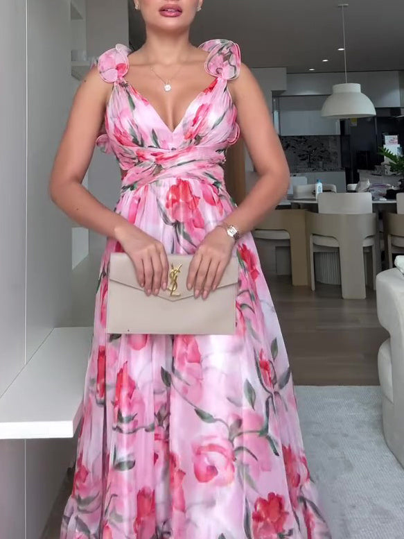 Floral Print Open Back Strap Maxi Dress – Elegant Summer Boho Beach & Evening Dress.