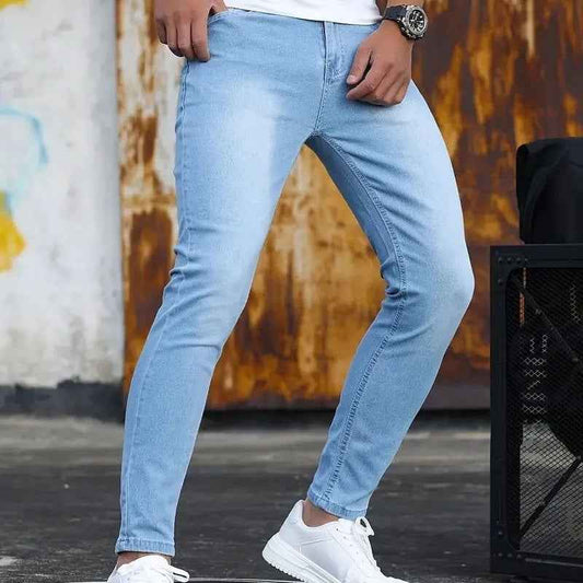 Men’s Retro Washed Stretch Slim Fit Jeans with Zipper Detail – Casual Denim Pants.