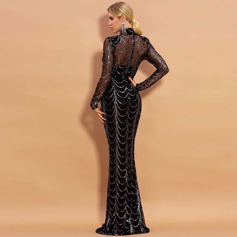 Sequins Women’s Long Sleeve Maxi Dress – Elegant Sparkly Evening & Party Gown.