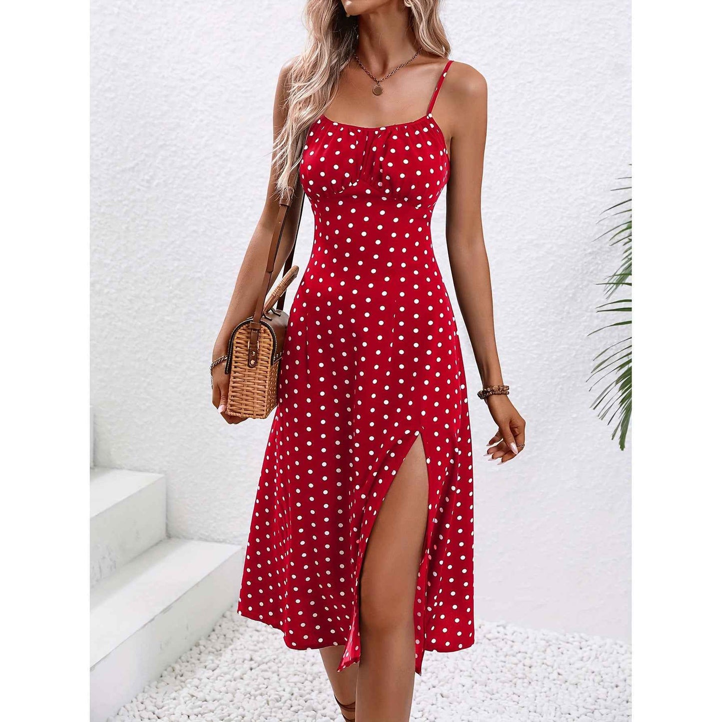 Polka Dot Suspender Split Dress – Summer Sexy Long Dress for Women.