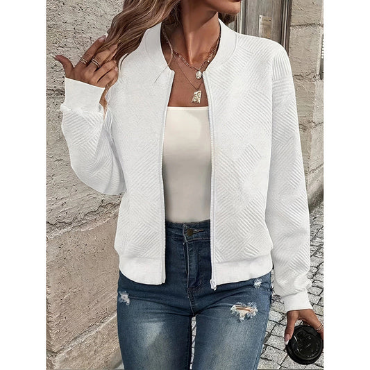 Womens Bomber Jacket Coat Casual Textured Stand Collar Zip Up Fall Fashion Jackets Outfits cjdropshipping