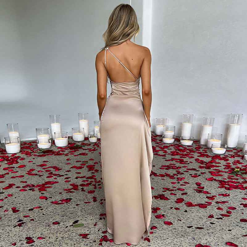 One-Shoulder Backless Slit Satin Dress – Elegant Summer Party Dress.