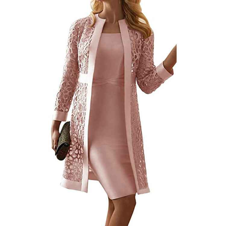 Women’s Solid Color Lace Hollow Cardigan & Sleeveless Short Skirt Set – Elegant 2-Piece Outfit.