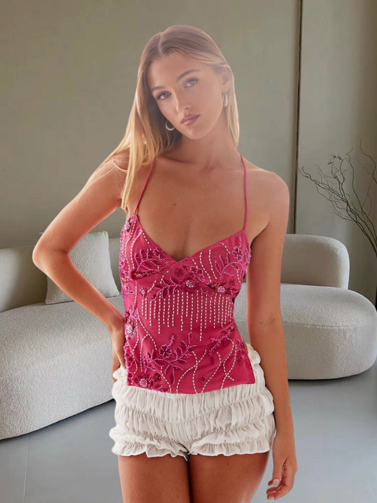 Women’s Dopamine Strapless Sling Top – Sleeveless Embroidered Beaded Back Lace-Up Summer 2025.