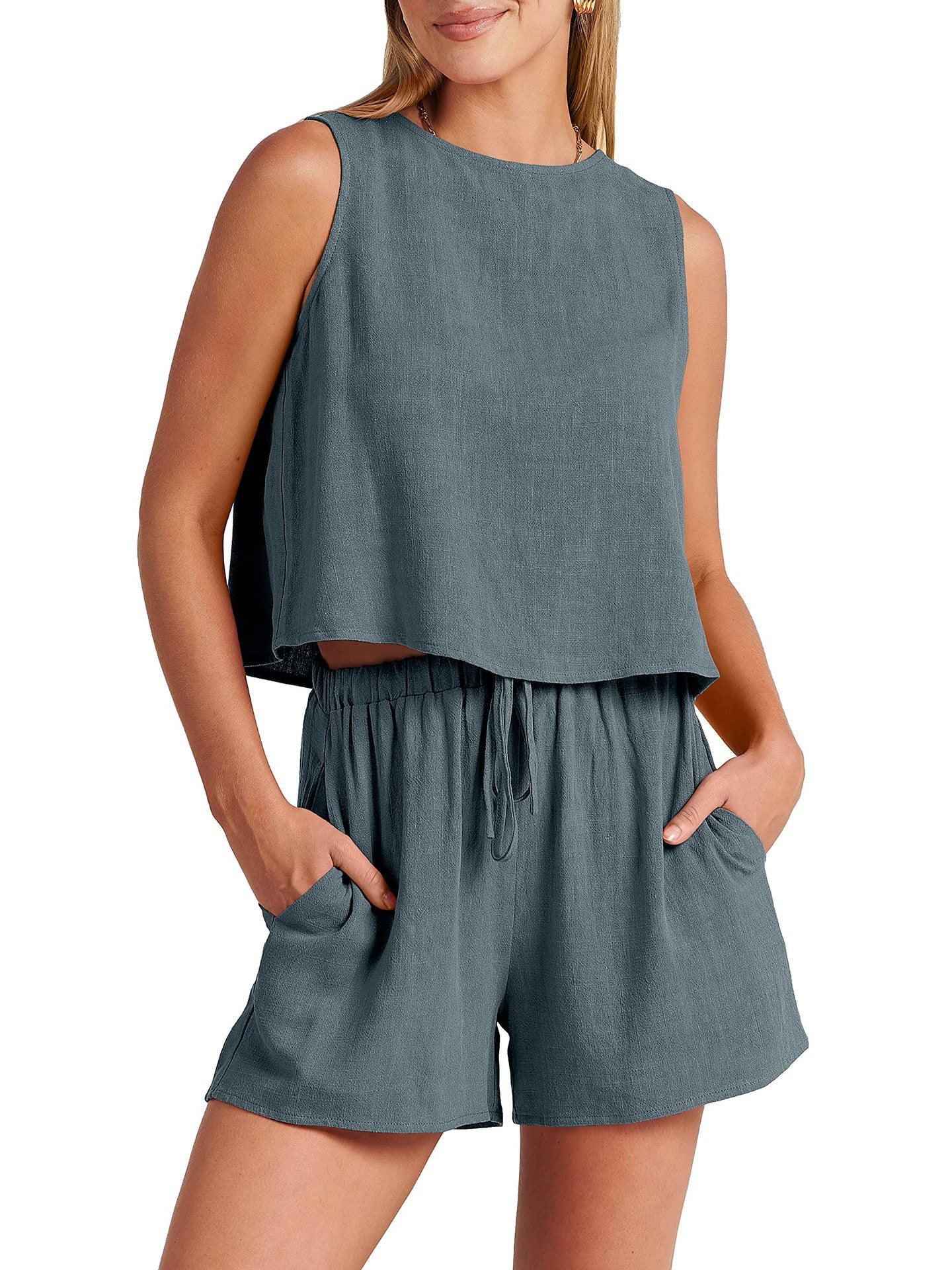 Women’s Summer Cotton & Linen Sleeveless Two-Piece Set – Casual Loose Top & Shorts.