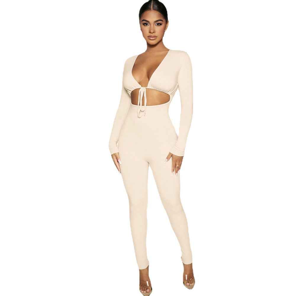 Women’s Sexy Lace-Up Hollow Crop Top & Slim-Fit Pants 2-Piece Set – Solid Color Fashion Outfit.