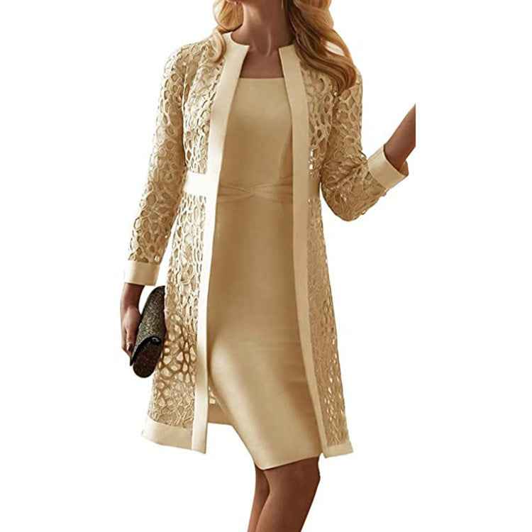 Women’s Solid Color Lace Hollow Cardigan & Sleeveless Short Skirt Set – Elegant 2-Piece Outfit.