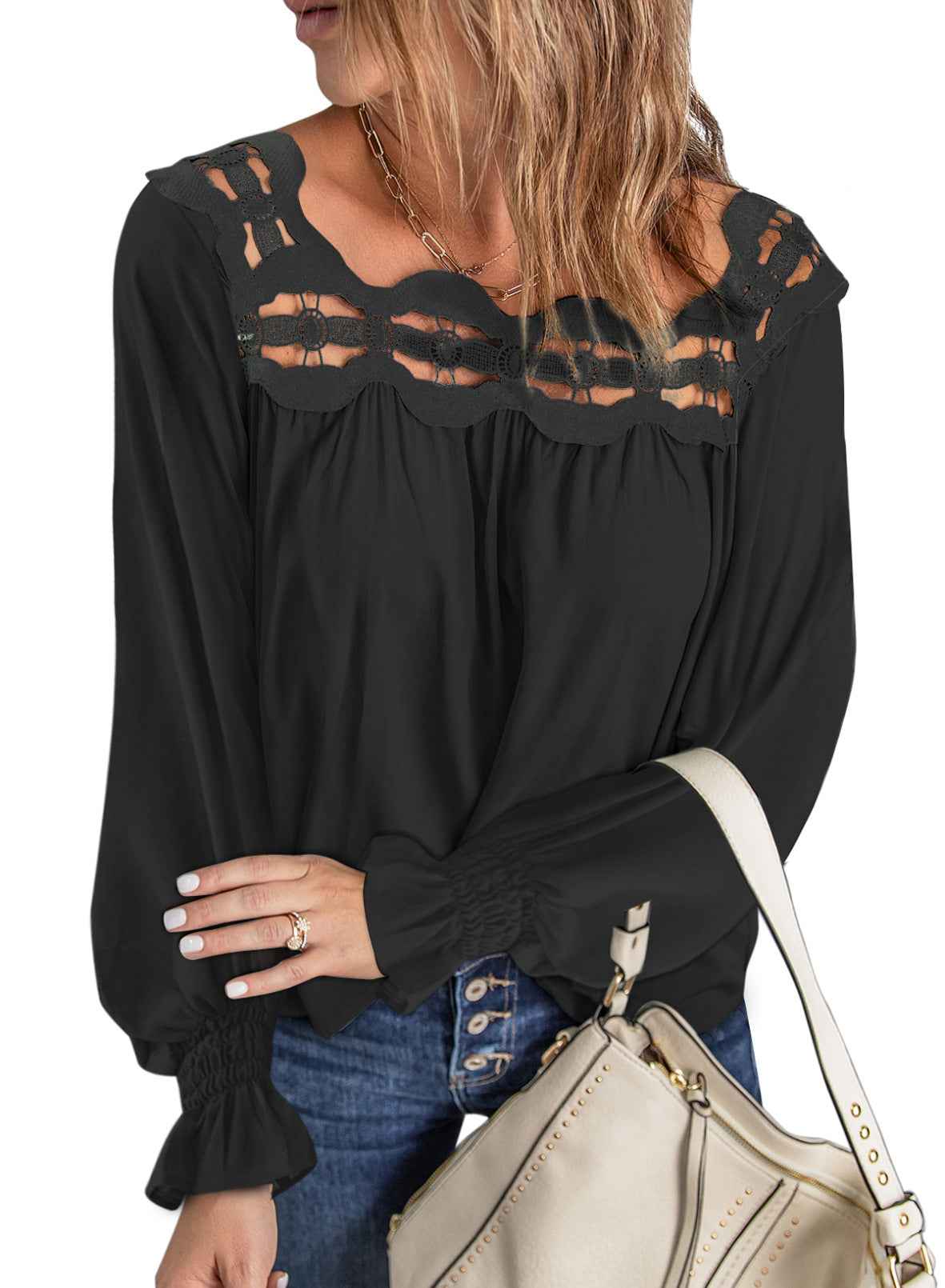 Women’s Loose Pullover Hollow Lace Square Collar Long-Sleeve Top – Autumn & Winter Fashion.
