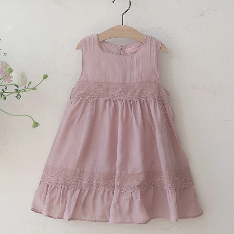 Girls’ Spring Strawberry Shan Cotton Lace Tank Top Dress – Solid Color French Style.